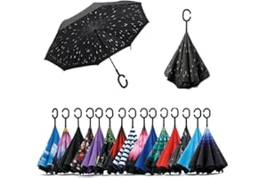 Jooayou Double Layer Inverted Umbrella, C Shape Handle Reverse Folding Umbrella, Anti-UV Windproof Travel Umbrella with Carrying Bag