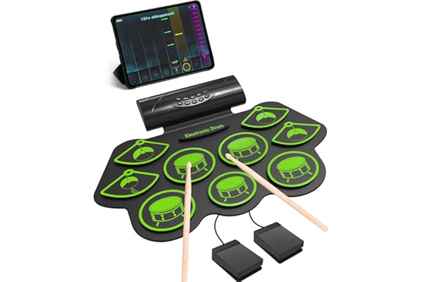 Batterie Électronique Drum Set, 9 Pads Batterie Électrique prend en charge MIDI Bluetooth Baguettes de Batterie de Sustain, Tambour à Numérique Portable pour Enfants Débutants (Vert)