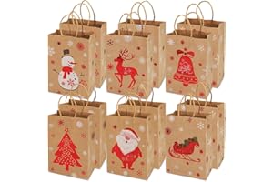 AVISKI Sacchetti regalo natalizi in carta kraft, 12 pezzi, stili assortiti, sacchetti di carta natalizia con manici, sacchetti di Natale con stampe natalizie, per confezioni regalo di Natale, forniture per