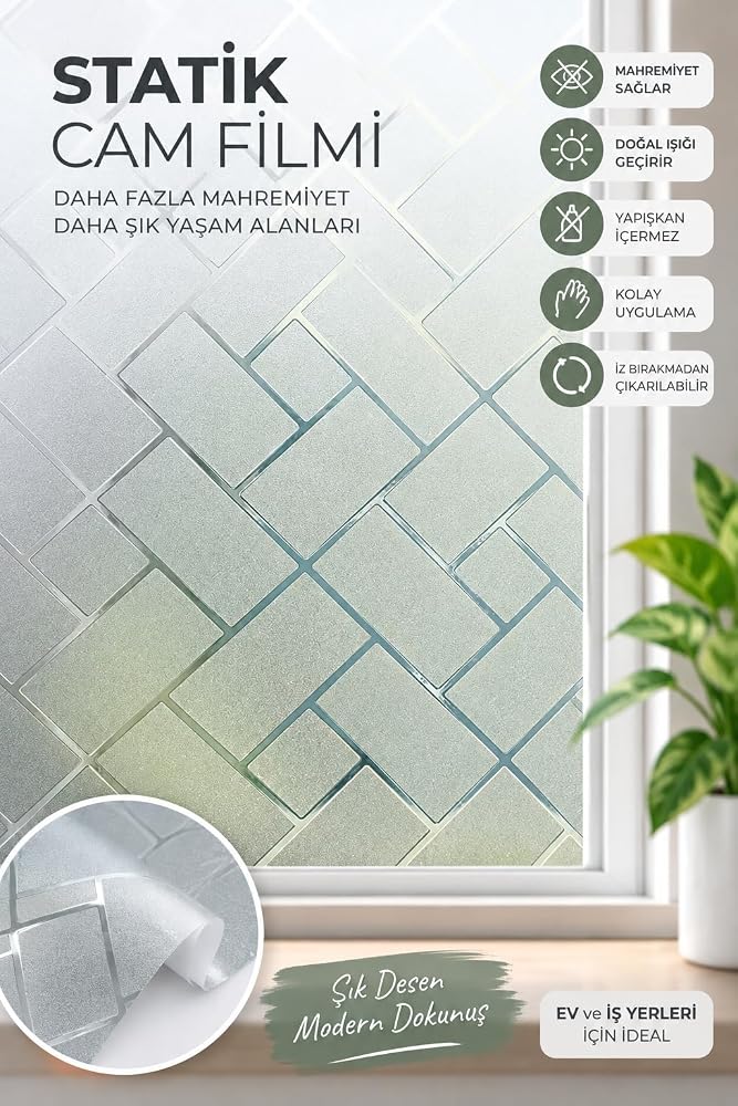 Deconitte Geometrik Desenli Statik Cam Filmi – Buzlu Yapışkansız Mahremiyet ve Dekoratif Cam Folyosu, 60cmX500cm