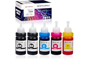Clywenss 664 Ink Bottle Compatible with Epson T664 664 Printer Ink Refills for EcoTank ET-2650 ET-2600 ET-4500 ET-2550 ET-2500 L355 L555 ET-14000, 5-Pack (2 Black, 1 Cyan, 1 Magenta, 1 Yellow)