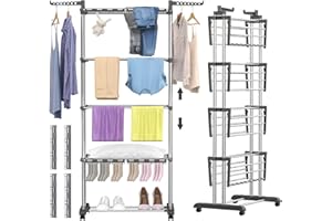 ‎JOHGEE johgee 5 Ebenen Turm Wäscheständer, Höhenverstellbar klappbarer Waschestander mit 8 Klappbare Flügel und 4 Sockenklammern, Wäschetrockner mit Rollen, Edelstahl Standtrockner Wäscheturm für Innen&Außen