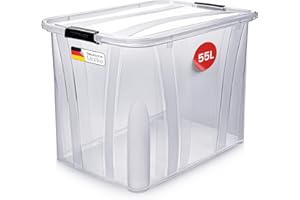KONZEPT Aufbewahrungsbox 55 L mit Deckel – transparente Kunststoffbox, stapelbar, BPA-frei, verstärkter Boden, robuste Verschlussclips – ideal für Küche & Haushalt