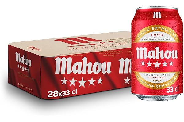 Mahou 5 Estrellas, Pack de 28 Latas x 33 cl, Cerveza Especial Dorada Lager Con Sabor 5 Estrellas, 5.5% Volumen de Alcohol
