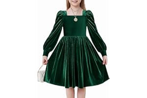 Arshiner Fille Robes Velours Hiver Élégante Festive avec Col Carré Manches Lanternes Casual Manches Longues Robe pour Enfants 6-14 Ans