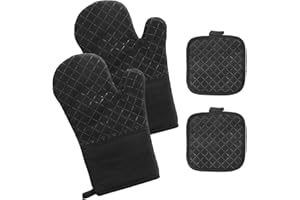 HAPPTWS Ofenhandschuhe Topflappen Set Hitzebeständig rutschfeste: 4er Set 300°C Hitzebeständige Anti-Rutsch Topfhandschuhe Kochhandschuhe Backhandschuhe mit Baumwolle für Kochen Backen Grillen Schwarz