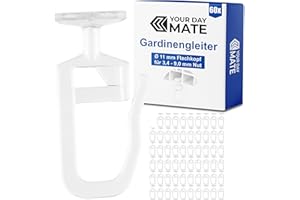 ‎YOUR DAY MATE Gardinengleiter für Innenlaufschienen, 60 Stück, mit Ø 11 mm Flachkopf, in Klar, Faltengleiter für Vorhangschiene, Gardinenschiene, Vorhang Gleiter Kräuselband Haken, Gardine Rollen Schienensystem