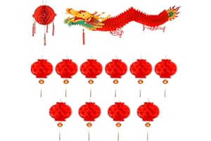 PLULON Chinese Dragon with Red Lantern 12 Pcs Chinese New Year Decorations Spring Festival 3D Dragon Garland Ceiling Hanging Paper Lanterns for 2026 Chinese Lunar New Year Decorations Party Supplies