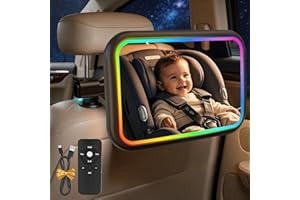 CARASTEK Lusterko samochodowe na tylne siedzenie dla niemowląt – 360° lusterko samochodowe z klipsem i oświetleniem do wszelkiego rodzaju zagłówków