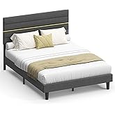 VASAGLE Double Bed Frame, Mattress Frame 140 x 200 cm, Adjustable Padded Headboard, Metal and Wood, Modern Style, Slate Grey