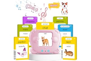 AHJ Cartes Flash Parlantes (Français Standard), Carte éducatif Jouet pour Enfants de 2 à 6 Ans, Carte Apprentissage Mot Bébé, 3 Mode de Langue-Français/Anglais/Bilingue (Rose)