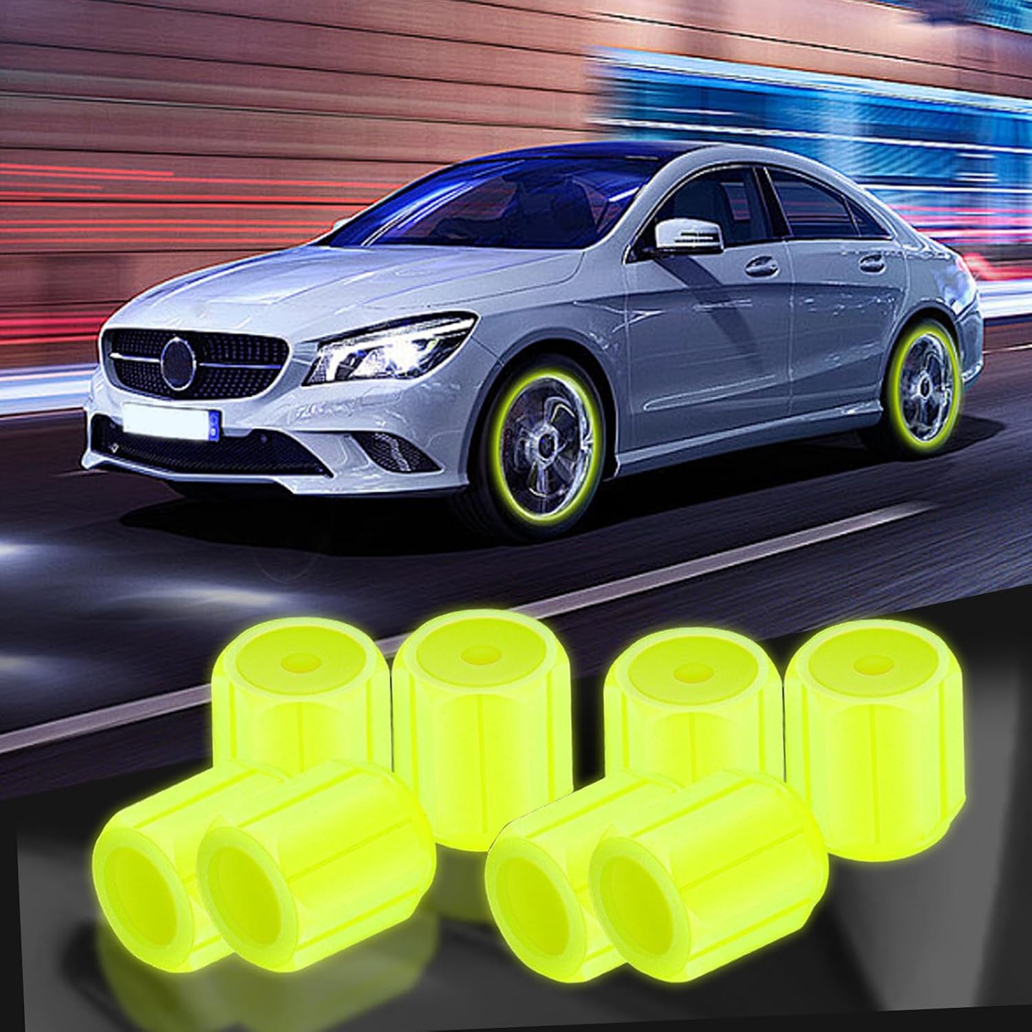 8PCS Dust Caps for Car Bike Tyres Universal Fluorescent Tire Valve Caps Glow in the Dark Car Bike Wheel Stem Covers, Durable Dust Caps Fit for Car, Children's Bicycles Safe at Night (Yellow)
