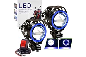OURBEST 2x Motorcycle Headlights With Angel Eyes Lights U7 DRL Fog Driving Lamps for Cars Bike Boat ATV Front Spotlights Blue Color with Switch