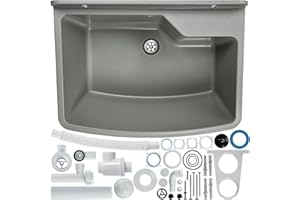 GOSPO Ausgussbecken, 61 cm x 44 cm x 23,5 cm, Waschbecken aus Kunststoff, Waschtrog mit Überlauf, Siphon, Spülbecken inkl. Zubehör, Waschraum, Gartenwaschbecken (Grau)