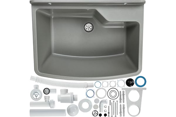 GOSPO Bassin d'évier en plastique solide avec trop-plein et siphon 61 x 44 x 23,5 cm 38 l, gris