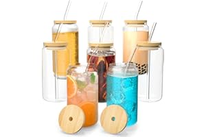 Finew [8 Packs] Drinking Glasses with Bamboo Lids and Glass Straws, 16oz Iced Coffee Cup, Can Shaped Glasses Cups, Smoothie Cup, Glasses Tumbler for Beer, Cocktail, Tea, Milkshake