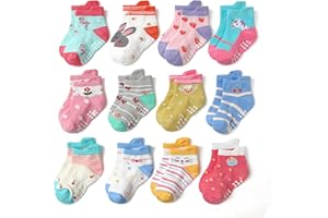 HaimoBurg 12 Paia di Calze Antiscivolo in Cotone Traspirante per Bambini da 1 a 5 Anni,Calzini Bambino Bambina Neonato
