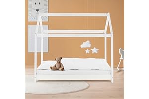 ‎ML DESIGN MODERN LIVING ML-Design Kinderbett 70x140 cm mit Dach und Lattenrost, Weiß, Hausbett für Mädchen und Jungen, Kinderhaus aus massivem Kiefernholz, Stabiles Jugendbett, Massivholz Kinder Bett, Bettenhaus Spielbett