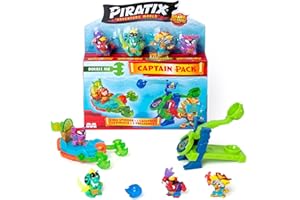 PIRATIX ADVENTURE WORLD Serie Shark Treasure, Captain Pack, Double Axe con 4 Piratix, 1 capitán Dorado, 4 Accesorios 'Cristales', Sea Speeder, catapulta, 2 Banderas Efecto Cristal, Pack 3/6