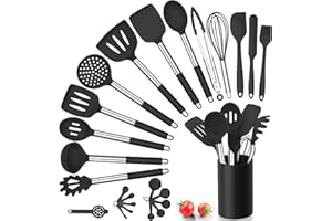 Herogo Set di 25 utensili da cucina in silicone con supporto, set di posate da cucina resistenti al calore, con manico in acciaio inox, antiaderente, set da cucina, contenitore, nero