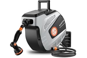 SUNPOW Avvolgitubo da Giardino Retrattile - Arrotolatore Tubo Acqua Parete con Ugello Spruzzatore a 10 Funzioni - Blocco della Lunghezza, Sistema di Riavvolgimento Automatico, Orientabile a 180°, 25m