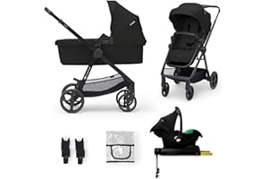 KK KINDERKRAFT Kinderkraft NEWLY 4 en 1 Poussette, Avec Siège Auto MINK PRO I-Size 2 en 1, base ISOFIX, 360°, Poussette Canne, Trio, SYSTÈME DE VOYAGE, Landau, Accessoires, Adaptateurs, Nacelle, Jusqu’à 22 kg, Noir