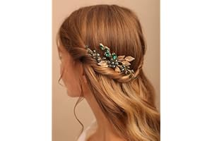 Deniferymakeup Women Gold Leaf Headpiece Emerald Green Crystal Hair Vine Comb Wedding Hair Accessory Rhinestone Hair Piece Gift for Her Party Headress Bridesmaid Girls