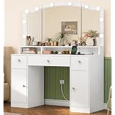 FIONESO Makeup Vanity with 10 LED Light and Sockets, 3 Folding Mirrors, Dressing Table with 3 Drawers and Two Cabinets for Wo