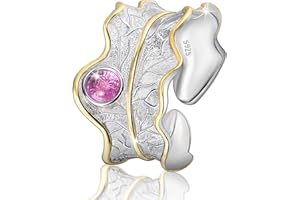 LOTUS FUN Springlight ✦ Valentinstag Ringe Frauen S925 Sterling Silber Breit Ring Damen Blätter Ring Grüner Stein/Bernstein Groß Naturstein Ring Personalisierter Schmuck Geschenke für Frauen.（Pink）