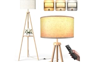 YICAIZI Lampadaire Trépied LED sur Pied Salon avec Étagères de Rangement - 12W Lampe sur Pied Bois avec Télécommande & E27 Ampoule, Lampe Liseuse Réglables pour Salon, Bureau, Chambre, Bois Naturel