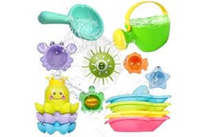 SaiXuan Jouets de Bain Bébés 14 Pièces – Jeux de Bain Bébé avec G arrosoir Souple, Roue à Eau, Tasses Empilables & Bateaux – Jouet Bains Bébé pour Baignoire, Piscine & Plage