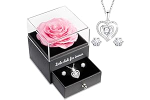 ‎SUNIA Sunia Ewige Echte Rose mit Herz Halskette und Ohrringe aus 925 Sterlingsilber, Handgemachte Ewige Rose Geschenke für Frauen Mama Oma,Konservierte Rose geben Valentinstag Muttertag,Ewige Rose mit Kette