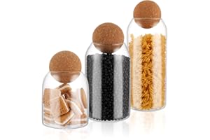 DAJAVE Set di 3 Barattoli di Conservazione in Vetro con Sughero, Contenitori Alimentari per sale, zucchero,caffè - Barattoli Cucina In Vetro Trasparente per Alimenti,Porta Sale Spezie -550+900+1100 ML