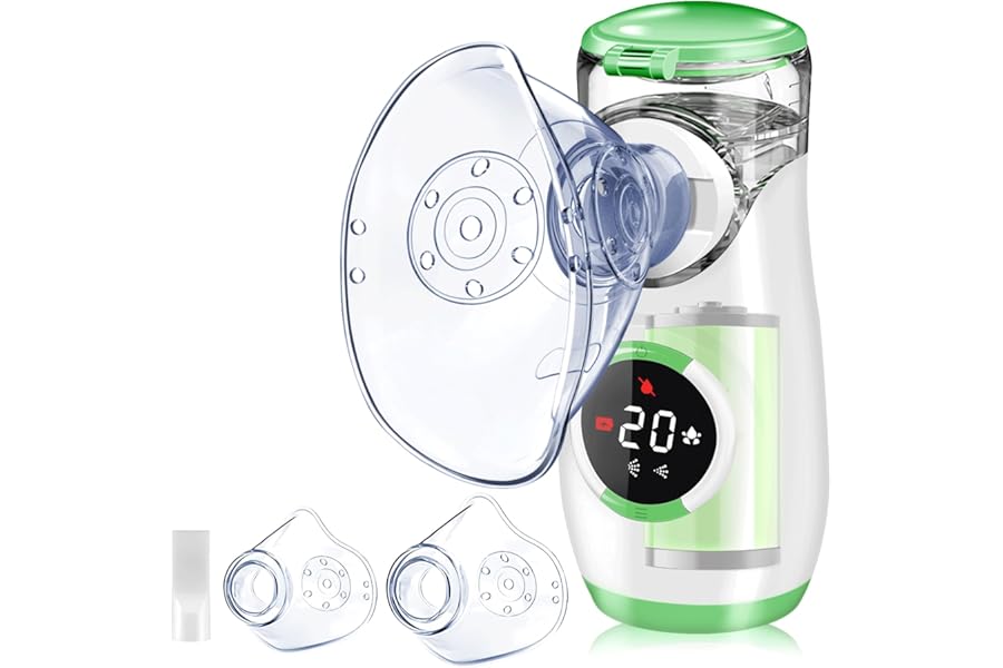 Wholede Portable Silent Digital Aerosol – Rechargeable Aerosol Machine for Adults and Children, Portable Sprayer with 2 Masks and Mouthpiece for Home and Travel Use – Green