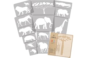 NAKLEO 14 plantillas de plástico reutilizables - Animales De África Sabana - 34x34cm a 9x9cm - patrón diseño niños pintura decoración habitación - artesanía DIY bricolaje muebles pared