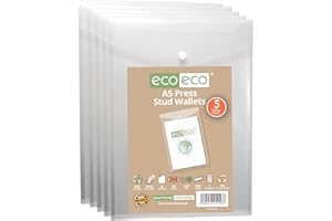 eco-eco A5 50% Recycled Clear Transparent Portrait Press Stud Popper Wallet, Plastic Folders 230x170mm (Pack of 5), 200mic, eco158