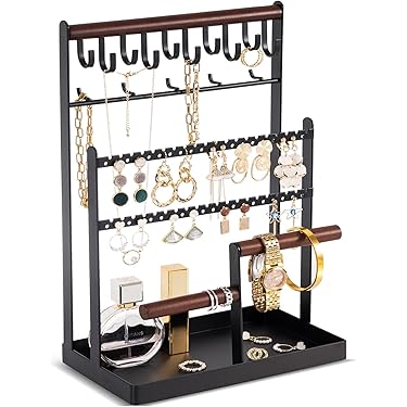 Jsrnqert Sieradenstandaard, sieradenhouder, kettinghouder met opbergbasis, sieradenorganizer, kettingopslagstandaard voor het opbergen van kettingen, oorbellen, armbanden, ringen, wit