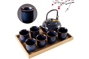 DUJUST Service à thé japonais - 8 pièces, service a the en porcelaine avec 1 théière, 6 tasses à thé et 1 plateau à thé, theiere porcelaine unique pour adultes, bleu foncé