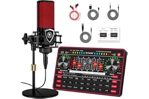 TENLAMP Podcast Microphone Bundle with Live Sound Board Audio Mixer, Podcast Equipment Bundle with 3.5mm Condenser Microphone for Pc/Phone Live Streaming Singing Gaming, Soundboard with Voice Changer, Denoise