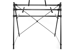 Music Store KB-1177 Keyboardständer, 3-Instrumenten Platz, Höhenverstellbar, Schwarz, Aluminiumkonstruktion, ABS-Befestigungsklammern, 370/840/1270mm Höhe, 380mm Tiefe, 800mm Breite, 1480mm Länge,