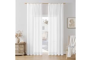 Softalker Gardinen Stangendurchzu Vorhänge Weiß in Leinen-Optik Voile Vorhang Durchsichtig Gardine schal 200 cm Hoch für Schlafzimmer Fenster Vorhang 140 cm Breit, 2er Set