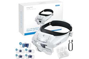 eSynic Head Magnifier Professional Headband Magnifying Glasses Rechargeable Head Magnifying Glass with Light 1X to 14X Headband Magnifier With 3 LEDS &5 Detachable Lenses for Craft Work, Reading etc
