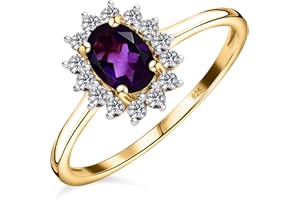 TJC 14K Gold Plated Sterling Silver Halo Engagement Ring for Women in 925 Silver Amethyst, Citrine, Peridot, Garnet, Ruby, Sapphire, Opal, Aquamarine Ladies Rings with Gift Box