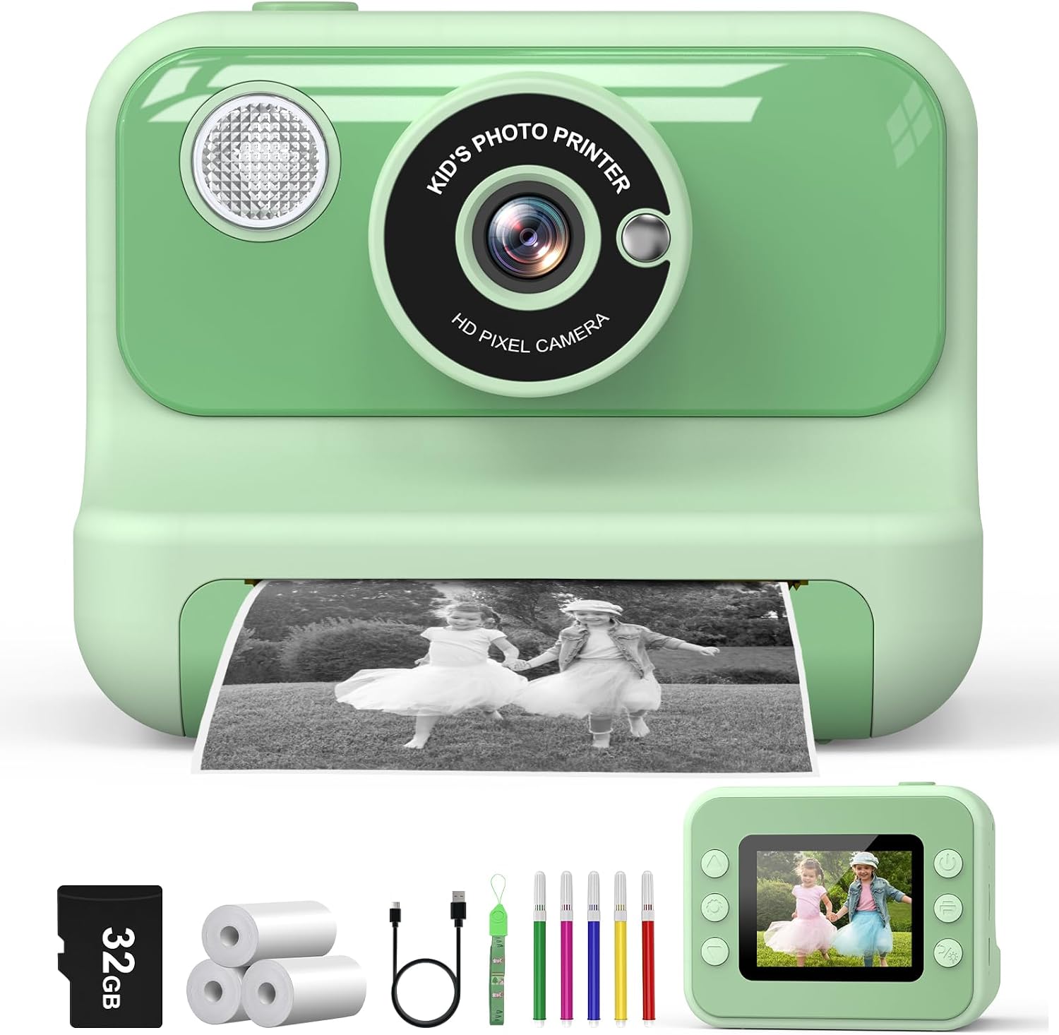 Camara Fotos Infantil Instantanea, 2.4'' Pantalla Cámara Instantánea Niños con Tarjeta 32GB y 3 Rollos de Papel, Regalo de Cumpleaños para Niños y Niñas de 3 a 12 Años