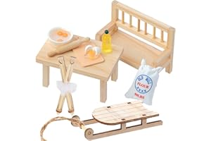 YUNSTK Miniatur Wichtel Zubehör, 10 Pcs Wichteltür Zubehör Weihnachten, 1/12 Mini Puppenhaus Zubehör, Miniatur Tisch Küche Wichtelhaus Zubehör, Schlitten Holz Puppenhaus Zubehör, Weihnachtswichtel Zubehör