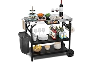 COSTWAY Stół do grillowania z 3 półkami, wózek do grillowania z regulowaną półką, stojak na telefon, regał na przyprawy, wieszak na ręczniki, uchwyt na chusteczki i haczyk, wózek do serwowania na