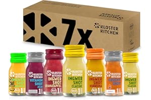 Kloster Kitchen Mélange de gingembre bio - 7 bouteilles de 30 ml avec de véritables morceaux de gingembre - Végétalien dans une bouteille en verre