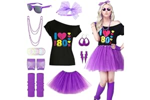 Maryparty Disfraz de los años 80 para mujer, conjunto de accesorios de disfraz de los años 80, camiseta con estampado de labios, falda tutú para adultos, diadema de encaje, aretes de neón, collar,