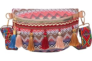 CHIPKART Women Ethnic Style Waist Bag with Adjustable Strap Variegated Color Fanny Pack with Fringe Decor Casual Crossbody Chest Bags (Wine Red)