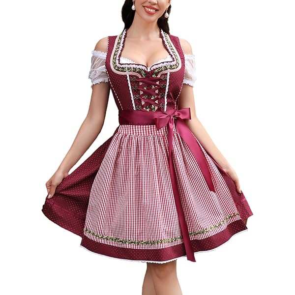 Dirndl Damen Midi Trachtenkleid - Komplettset Mit Schürze S-5XL